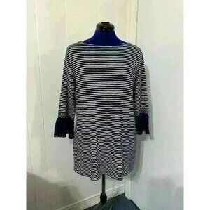 J Jill Cotton Model Navy Striped Smocked Bell Sleeve Tunic Top M Petite Artsy